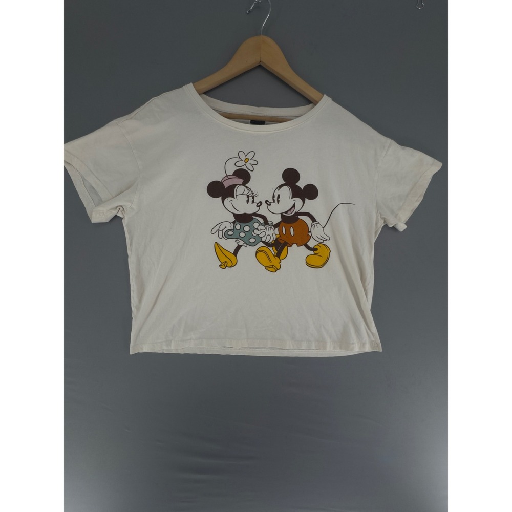 Disney Minnie Mouse Mickey Graphic Crop Top Cream Cotton Boxy Tee Large